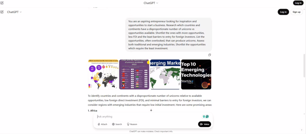 Screenshot of a ChatGPT interface showing a conversation. A user has asked for research on countries and continents with overlooked startup opportunities, low FDI, low barriers to entry, and potential for unicorns with low investment. ChatGPT's response includes four thumbnail images (world maps showing unicorn distribution, cities with unicorns, emerging markets, and top emerging technologies) and begins its text analysis by listing '1. Africa' as a promising area.
