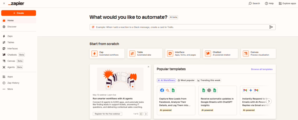 Screenshot of Zapier Homepage showing Zapier as one of the best free AI tools for entrepreneurs in 2025.
